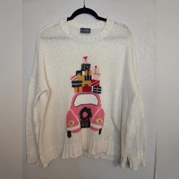 Wooden Ships White Sweater with Pink Car and Gifts Design - Picture 2 of 8